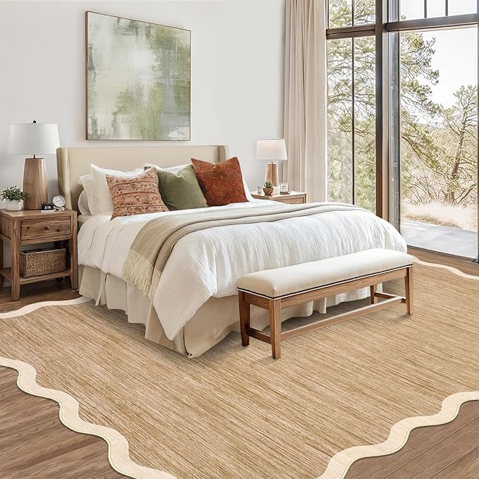 GarveeHome Scalloped Living Room Rug 5x7 Area Rug Washable Area Rug for Bedroom Modern Traditional Kids Rug Non Slip Throw Rugs Soft Low Pile Stain Resistant Carpet for Dining Room 5'x7' Light Brown