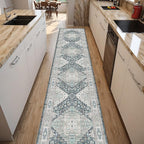 Washable Runner Hallway Rug,Low Pile 2x10 Non Slip Non-Shedding Kitchen Carpet Soft Indoor Stain Resistant Rug for Bedroom Laundry Room Bathroom Blue Beige Multi