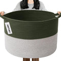 65L Large Blanket Basket,19.7" L x 19.7" W x 13" H Rope Woven Baskets with Handles, Toys Storage Bins,Laundry Basket Perfect for Living Room, Nursery,Bedroom,Home Organization,Green&White
