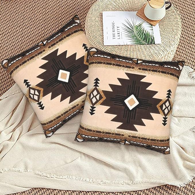 Western Aztec Throw Pillow Covers 16x16 Set of 2, Southwest Native American Brown Pillow Covers Outdoor Decorative Pillow Case for Couch Bed Sofa Cushion Home Decor