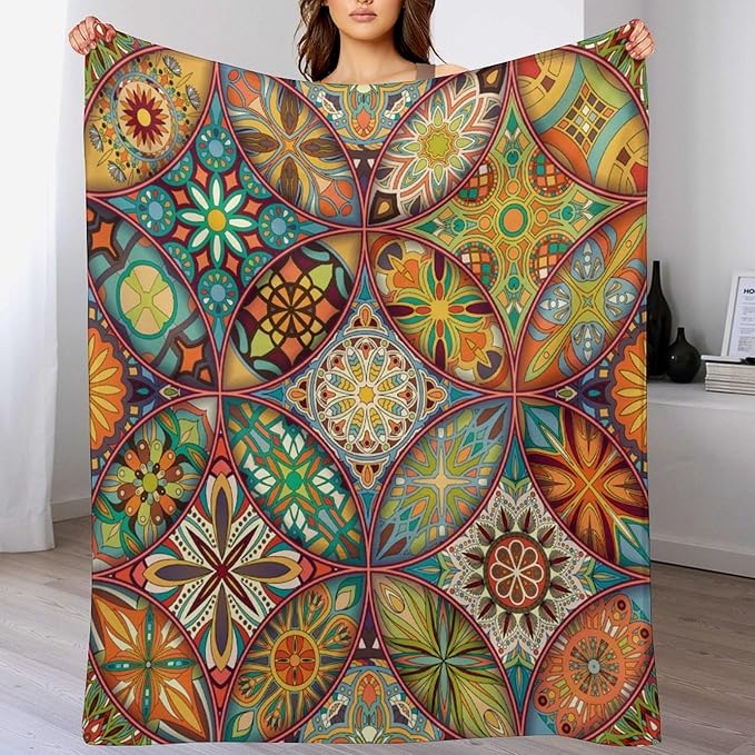 Boho Floral Throw Blanket Colorful Mandala Bohemian Indian Hippie Vintage Blanket for Sofa Bed Couch Chair or Dorm 40"x50"