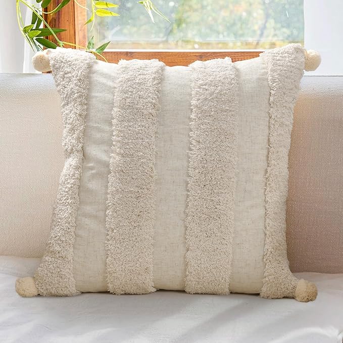 Boho Pillow Covers 18X18 Inch Boho Tufted Linen Throw Pillow Covers Decorative Pompoms Cushion Cover Farmhouse Pillow Case for Couch Sofa Bed Living Room Bedroom,Cream White