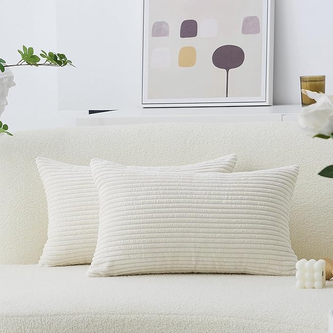 Home Brilliant Rectangle Throw Pillow Covers 12x20 Set of 2 Solid Striped Velvet Oblong Throw Pillow Case for Couch Chair Baby Toddler Spring Lumbar Pillow, 12 x 20 inch, Cream Cheese