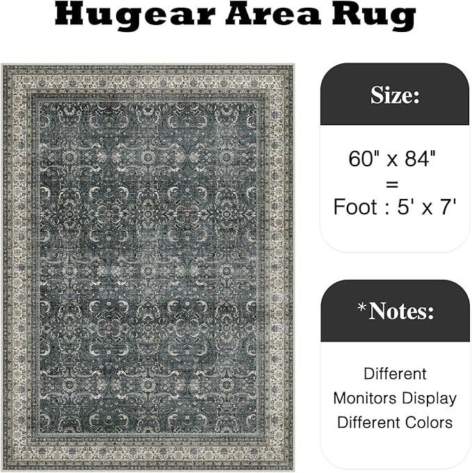 HUGEAR Area Rug 5x7 Vintage Black Machine Washable Living Room Rugs Distressed Retro Floral Vacuumable Low Pile Carpet Bedroom Office Dining Room Laundry Room Non Slip Soft Lightweight