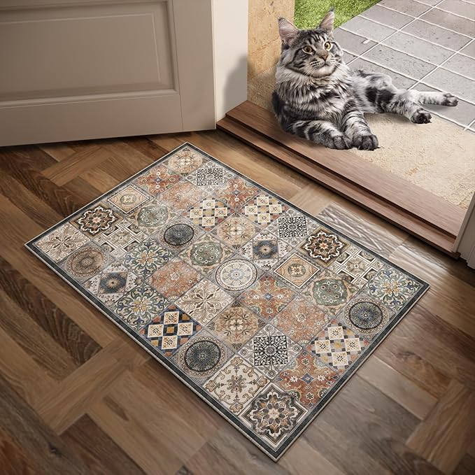 Washable 2'x3' Non Slip Rug Vintage Soft Low Pile Lightweight Small Area Rugs for High-Traffic Areas (Entryway, Kitchen, Hallway), Farmhouse Decor