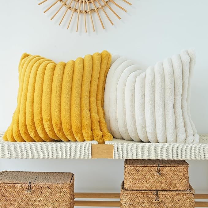 JOJUSIS Pack of 2 Faux Fur Plush Decorative Throw Pillow Covers Couch Cushion Case Soft Pillowcases (Mustard Yellow, 22 x 22-Inch)