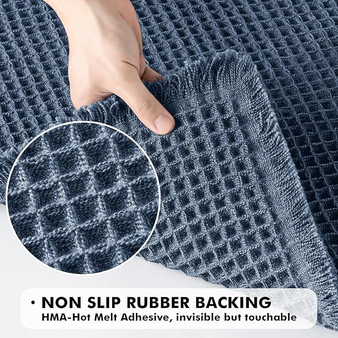 MIULEE Set of 2 Waffle Bathroom Rugs, Boho Bath Rugs Non Slip Washable, Super Absorbent Bath Mats, Ultra Soft Rubber Backed Shower Mats for Bathroom Floor, Tub and Shower, Blue, 17x24 Inch
