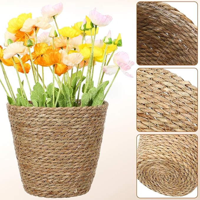 Straw Woven Plant Basket : Planter Basket with Plastic Liner Flower Pots for Home Balcony Farmhouse, 8.65X8.65X8.25in