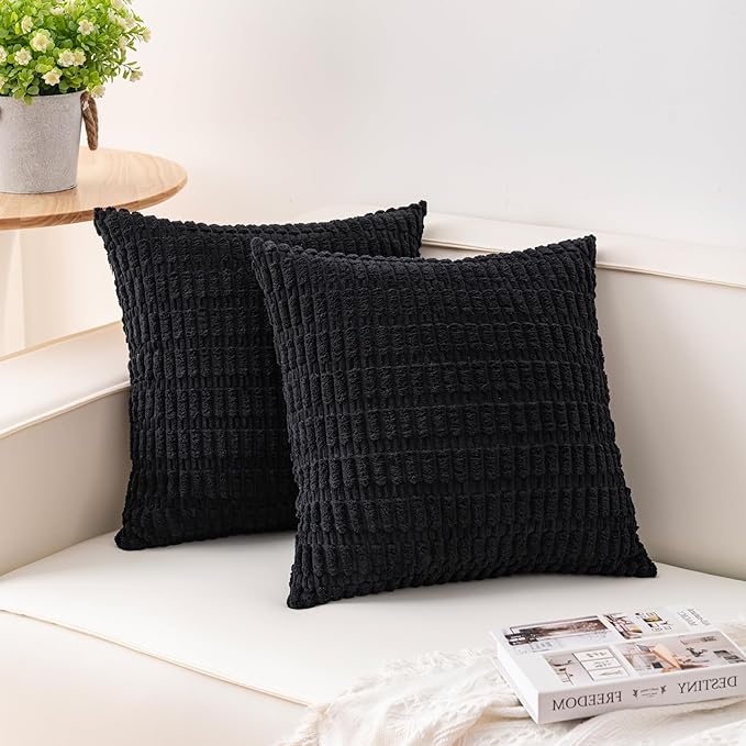 Pack of 2 Corduroy Decorative Throw Pillow Covers 24x24 InchSoft Striped Pillow Covers Modern Farmhouse Home Decor for Sofa Living Room Couch Bed（Black）
