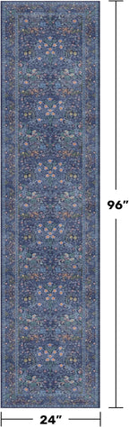 Dark Blue 2x8 Hallway Runner Rugs - Machine Washable Kitchen Runner Non Slip, Floral Pattern Indoor Floor Mats for Entryway, Oriental Design Home Décor