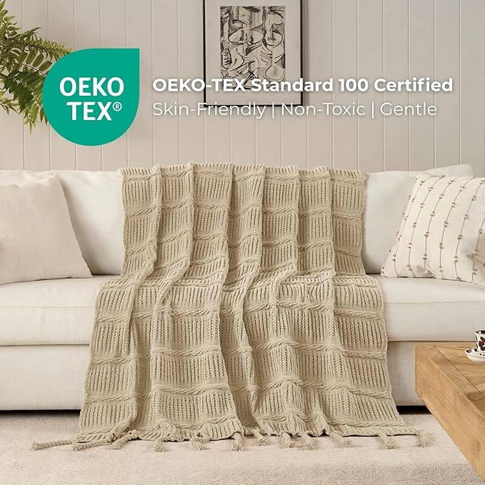 Boho Knitted Chenille Blanket with Tassels - Lightweight & Soft All-Season Throw - 3D Classic Pattern for Living Room Bedroom Couch, Sandy Beige, Queen 90"x90"