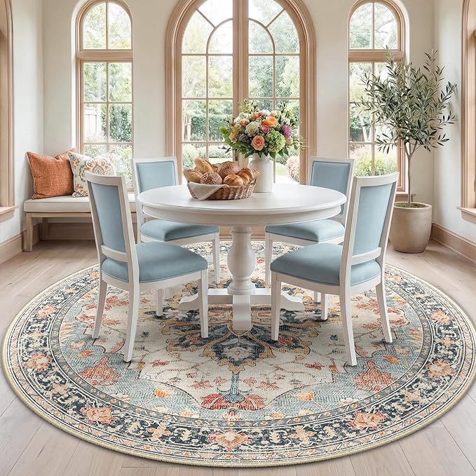 Area Rugs 7ft Washable Non-Slip, Floral Vintage Distress Print Pattern Medallion Carpet for Living Room Bedroom Dining Room, Beige Navy Blue Orange Colorful