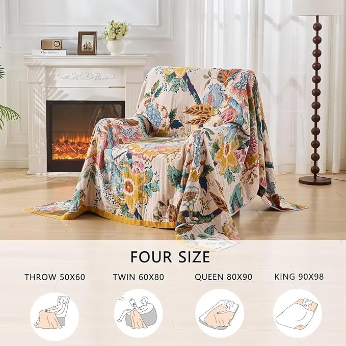 Boho Throw Blanket Farmhouse Decor Throw Blanket Bohemian Blanket for Bed 100% Cotton Muslin Woven Couch Blanket All Seasons Quilt Bedroom (Beige, 80"x90")