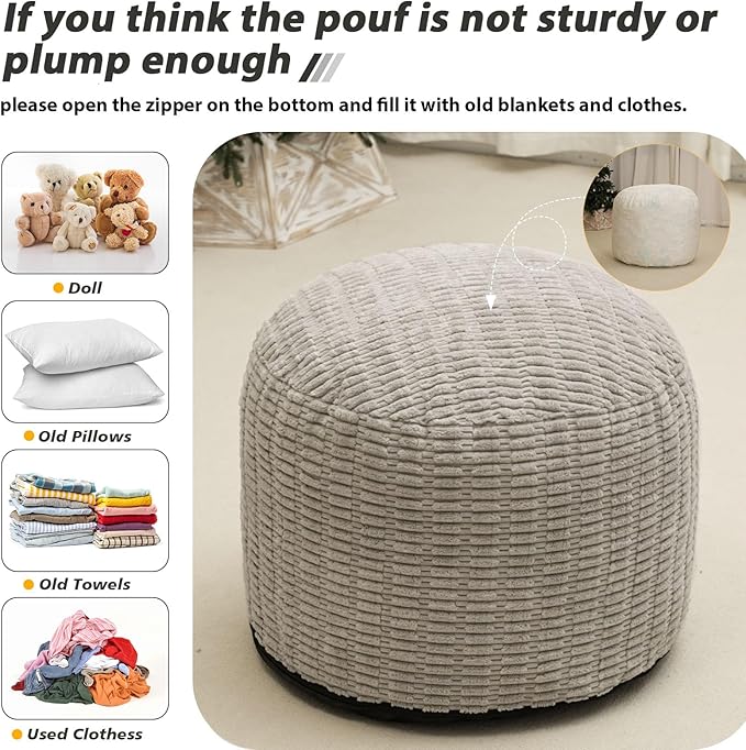 Round Stuffed Pouf Ottoman for Foot Rest, Storage Ottoman Pouf Foot Stool Cushion, Faux Fur Poufs with Foam Chunk Filling, 20 X 15 Inch Floor Chair for Living Room Bedroom Home Decor, Light Gray