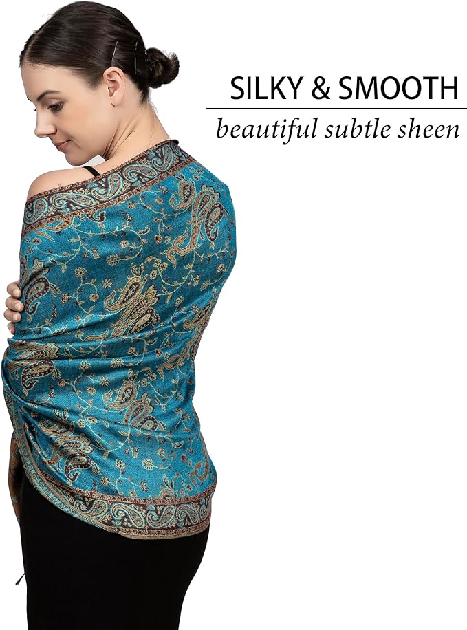 Achillea Reversible Paisley Pashmina Rave Scarf – Exotic Indian Shawls and Wraps for Evening Dresses, Festivals, All Seasons