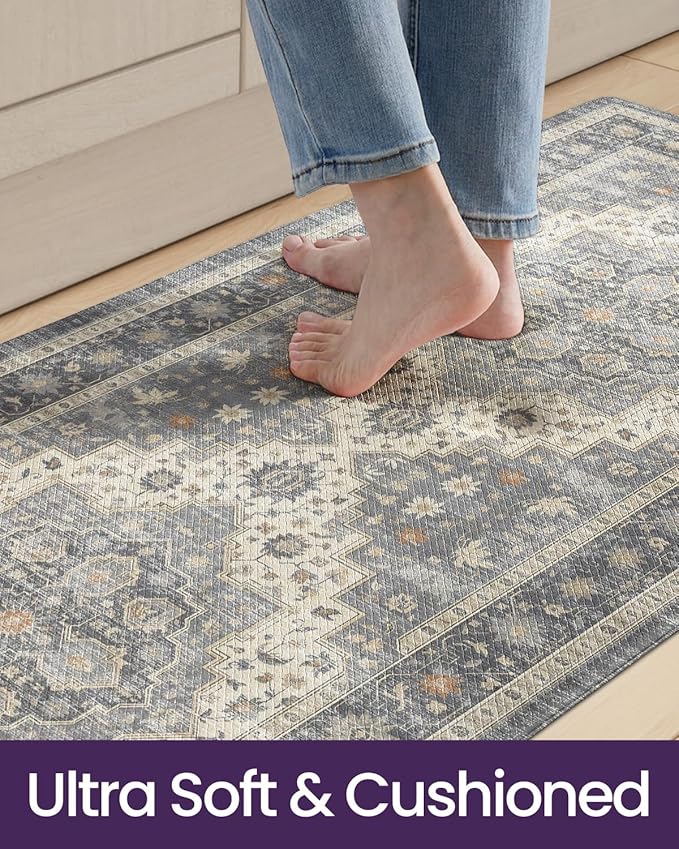 DEXI Kitchen Floor Mats Anti Fatigue, 23x59 Large Cushioned Vintage Runner Rug Waterproof, Standing Comfort Memory Foam Padded for Front Sink Laundry Office, Dark Grey