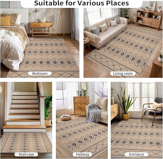 Tangsoo Modern Boho Easy Jute Rug 4x6,Non-Slip Ultra Thin Washable Rug for Patio Farmhouse Non Shedding Indoor Door Mat for Porch Patio Bedroom Living Room