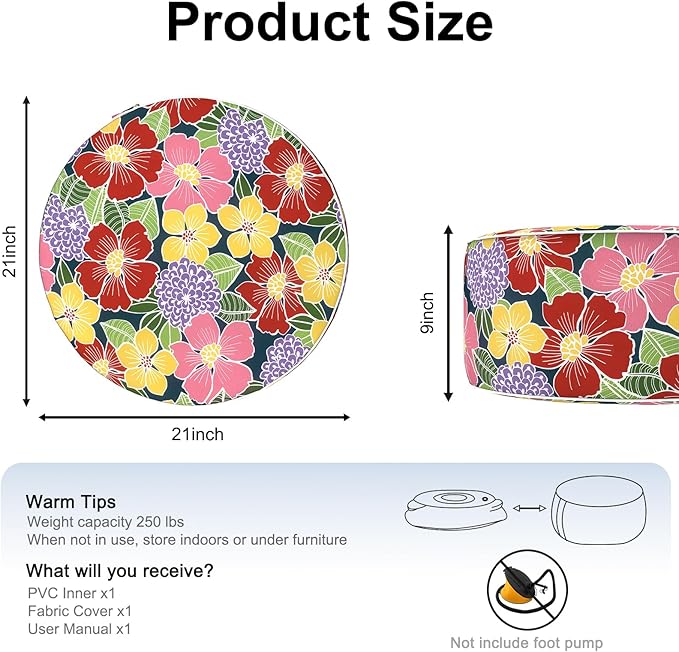 Inflatable Ottoman Stool D21 xH9 for Outdoor/Indoor Use, Water Repellent Patio Foot Rest with Portable Handle,Round Pouf Ottoman Suitable for Garden,Deck and Camping-Flower Bloom
