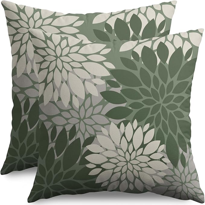 Sage Green Cream Grey Gray Pillow Covers 20X20 Inch Set of 2, Modern Dahlia Floral Print Decorative Throw Pillow Covers Outdoor Farmhouse Cushion Case for Home Couch Sofa Bed Decoration