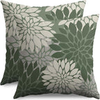 Sage Green Cream Grey Gray Pillow Covers 16X16 Inch Set of 2, Modern Dahlia Floral Print Decorative Throw Pillow Covers Outdoor Farmhouse Cushion Case for Home Couch Sofa Bed Decoration