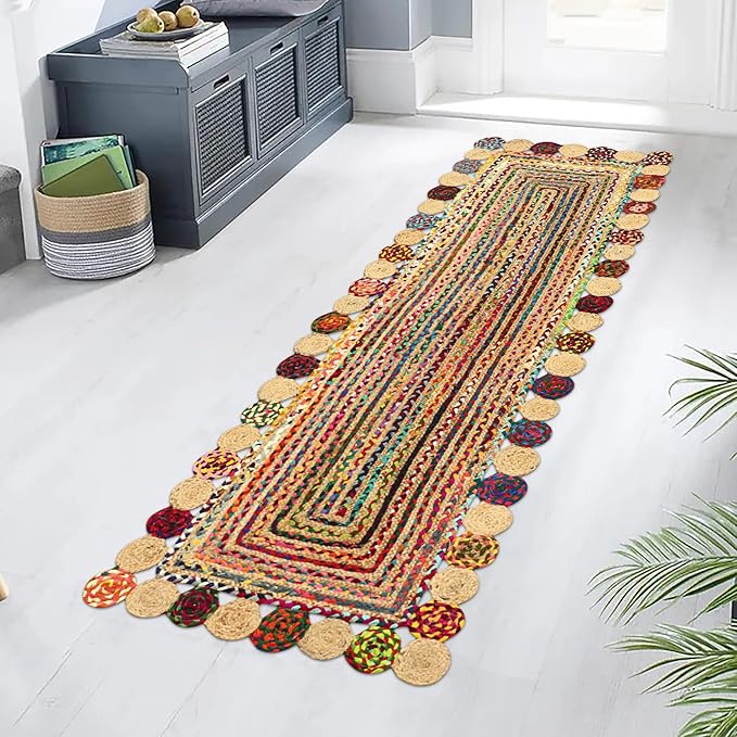 Runner Area Rug - 2.6x4 Feet Multicolor Cape Code Chindi Cotton Jute Rug Geometric Kilim Rug Indoor Outdoor Use Carpet Flatweave Rugs for Bedroom Bedside Runner Kitchen Hallway & Stair
