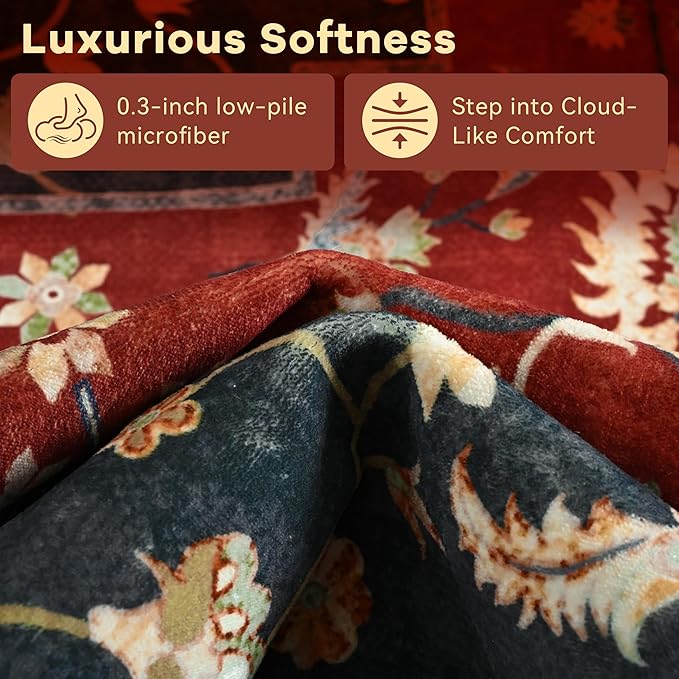 YJ.GWL Area Rugs for Living Room 5x7 Machine Washable Rugs, Non Slip Floral Vintage Rug Indoor Carpet, Stain Resistant Large Rug for Bedroom Dining Room, Red Green