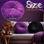 2 Pcs Round Throw Pillows 15 Inch Decorative Velvet Pleated Pumpkin Pillows Boho Floor Pillow with Center Button for Living Room Couch Chair Bed Sofa Home Decoration (Black and Purple)