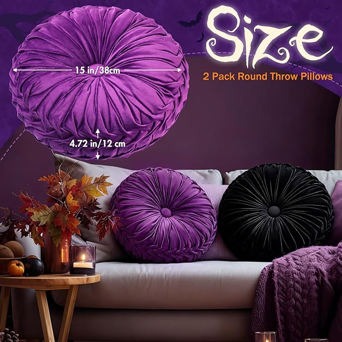 2 Pcs Round Throw Pillows 15 Inch Decorative Velvet Pleated Pumpkin Pillows Boho Floor Pillow with Center Button for Living Room Couch Chair Bed Sofa Home Decoration (Black and Purple)