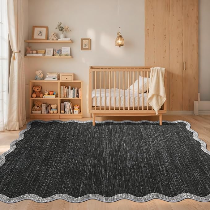 GarveeHome Scalloped Washable Area Rug 6x9 Rug for Living Room Modern Rug Non Slip Throw Rugs Large Rugs for Bedroom Low Pile Non Shedding Stain Resistant Carpet for Dining Room 6 ft x9 ft Black