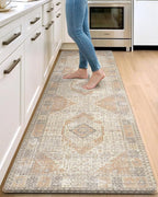 DEXI Kitchen Floor Mats Anti Fatigue, 23x86 Large Long Cushioned Vintage Runner Rug Waterproof, Standing Comfort Memory Foam Padded for Front Sink Laundry Office, Beige and Light Orange