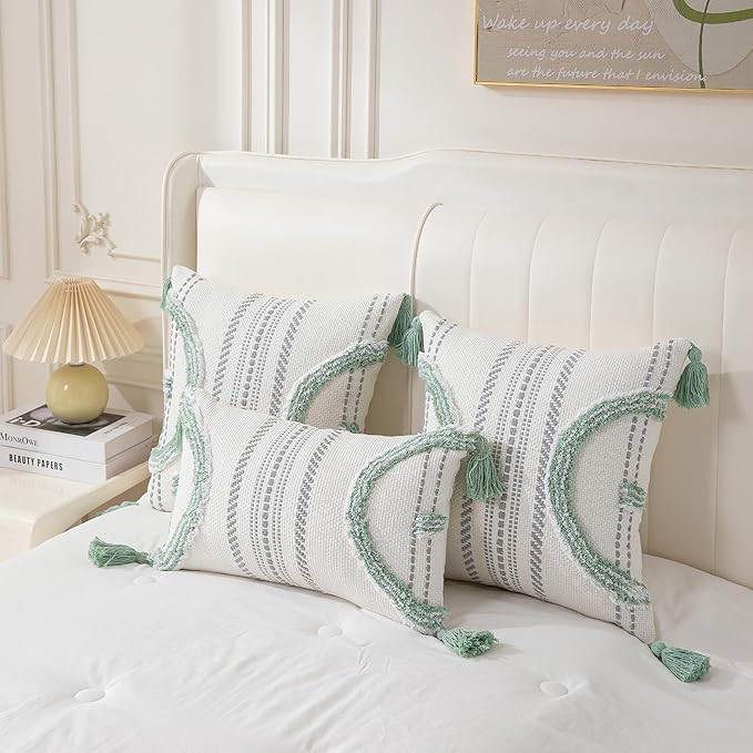 Boho Throw Pillow Covers 12x20 Set of 2 Cotton Woven Tufted Farmhouse Lumbar Pillows Covers with Tassels Outdoor Neutral Decorative Pillowcases Rectangle Textured Accent Cushion for Couch Bed Sofa