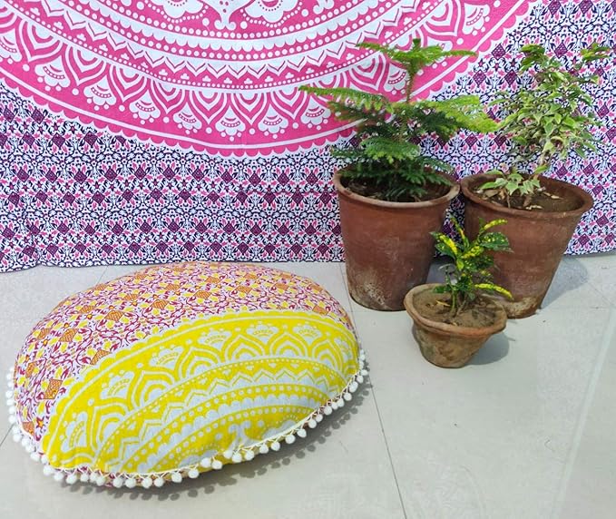 24" Yellow Orange Ombre Mandala Barmeri Large Floor Pillow Cover Cushion Meditation Seating Ottoman Throw Cover Hippie Decorative Zipped Bohemian Pouf Ottoman Pom Pom Cases 24 " round