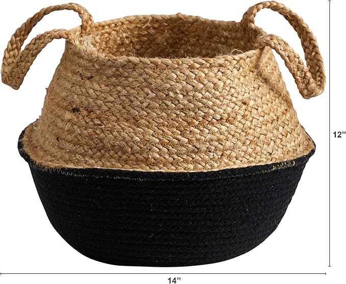 Nearly Natural 14in. Boho Chic Handmade Cotton & Jute Black Woven Basket Planter, Beige