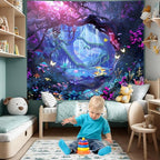 Apdidl Forest Nature Room Decor Tapestry Wall Hanging, Fantasy Trees Butterfly Mushroom Tapestries for Bedroom, Blue Colorful Floral Magical Plants Jungle Landscape Backdrop for Living Room 60"X79"