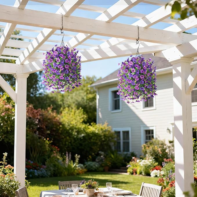 Artificial Flowers Hanging Baskets, 4 Bundles Outdoor Hanging Basket Spring Summer Decoration, No Fade Realistic Fake Flowers Plants for Porch Patio Balcony Home Yard Decor(Double Purple)