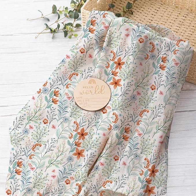 Newborn Swaddle Set with Matching Hat and Bow Set, Floral Baby Girl Newborn Receiving Blankets Baby Swaddle Nursery Wildflower Baby Blanket, Wooden Birth Announcement Card