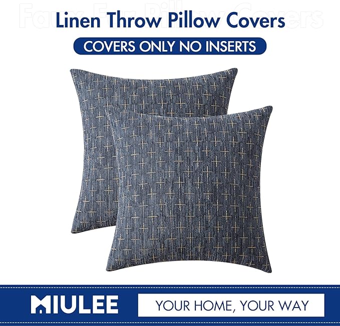 MIULEE Pack of 2 Decorative Burlap Linen Euro Sham Throw Pillow Covers for Sofa Couch Bed 24x24 Inch Modern Farmhouse Vintage Pillowcases Rustic Woven Textured Cushion Cover Blue