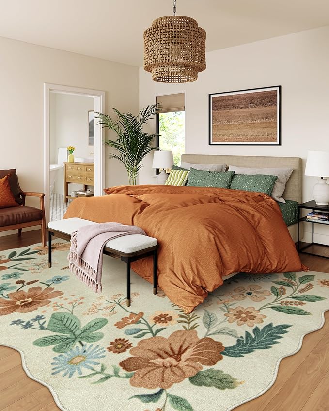 Lahome Floral Washable 6x9 Area Rugs, Soft Bedroom Rug for Living Room Ultra-Thin Non Slip Dining Room Rug, Stain Resistant Boho Rugs Easy Clean Throw Carpet for Office Flore (6'x9',Beige)