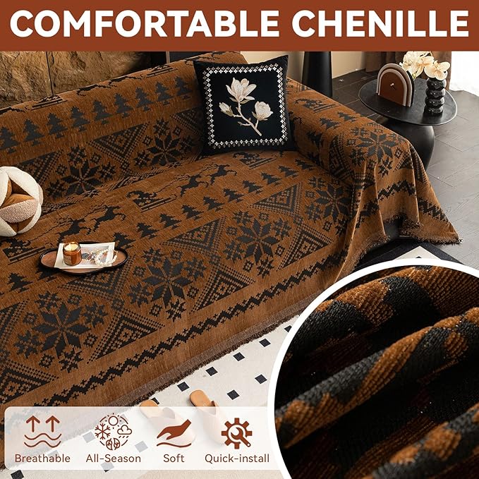 VClife Boho Couch Cover for Christmas 1 Piece Soft Warm Couch Cover for Sectional Sofa, Washable Pumpkin and Black Jacquard 3-Seaters Sofa Covers for Home Office RV 71"x150"