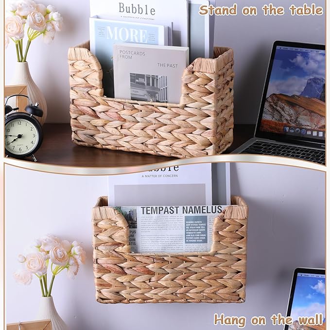 Woven Hanging Magazine Holder Water Hyacinth Storage Basket Wall Mounted Wicker Organizer Boho Modern Farmhouse Book Rack with Handle File Newspaper Mail Holder for Home Office