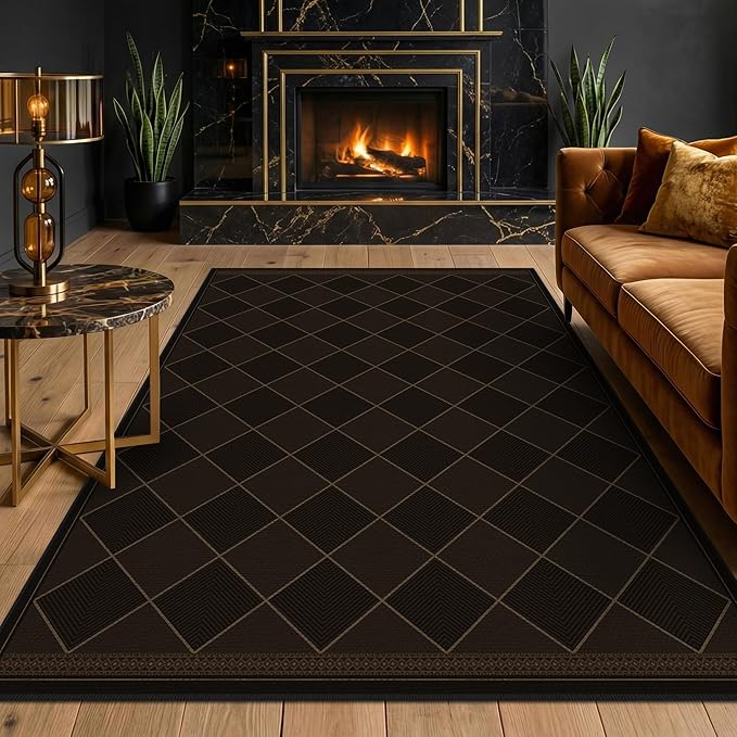 Large Dark Brown Checkered Easy Jute Outdoor Area Rug 5x7, Boho Diamond Geometric Pattern Non-Slip Living Room Patio Rug Indoor, Low Pile Stain Resistant Boho Decor Carpet for Dining Room and Office
