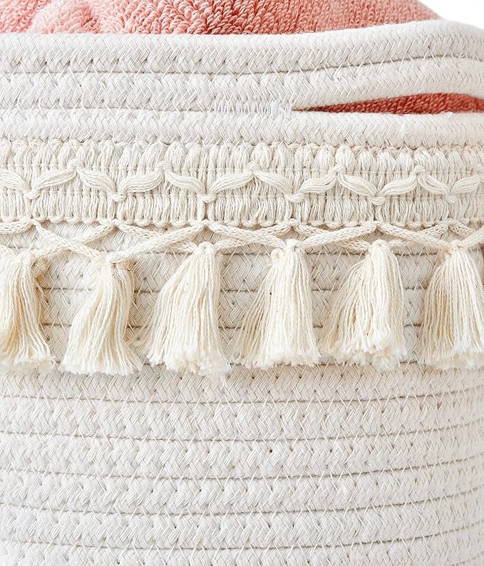 Mkono Macrame Decorative Cotton Rope Basket Boho Nursery Decor Small Cute Woven Tassel Closet Storage Bins Organizer for Baby Toys,Magazines, Potted Plants Cover,Living Room,Bedroom, 15.7"x19.6"