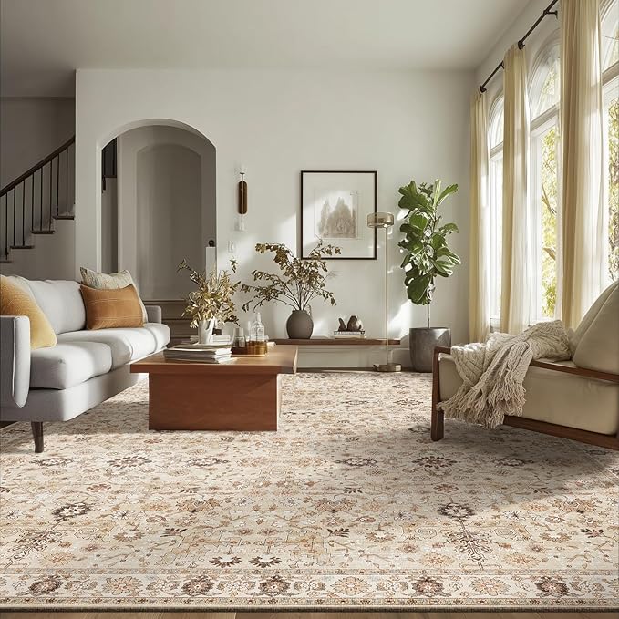 Washable Rugs for Living Room: 9x12 Area Rugs for Bedroom Ultral Soft Non-Slip Stain Resistant Vintage Boho Large Carpet for High-Traffic Dining Room - Farmhouse Decor