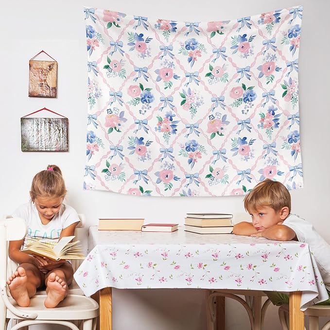 WARDOS Coquette Pink Bow Tapestry, Coquette Room Decor, Preppy Pink and Blue Floral Tapestry, Cute Preppy Room Decor Teen Girls, Girly Bedroom Decor, Coquette Stuff, 50x60 Inch
