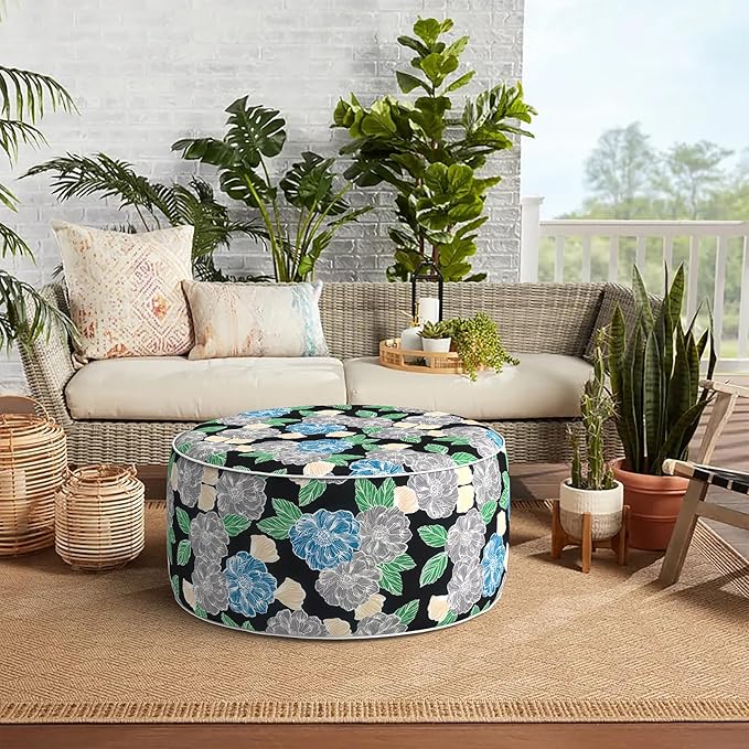 Indoor/Outdoor Inflatable Ottoman, Water Repellent Round Foot Rest Ottomans D31 x H14 inch, Portable Footstool for Patio Garden Camping or Home, Peony Garden