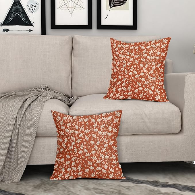 Burnt Orange Pillow Covers 16x16 Set of 2 Vintage Floral Rustic Old Style Cute Flower Print Decorative Outdoor Pillowcases Seasonal Farmhouse Throw Cushion Case Decor for Couch Sofa Bed