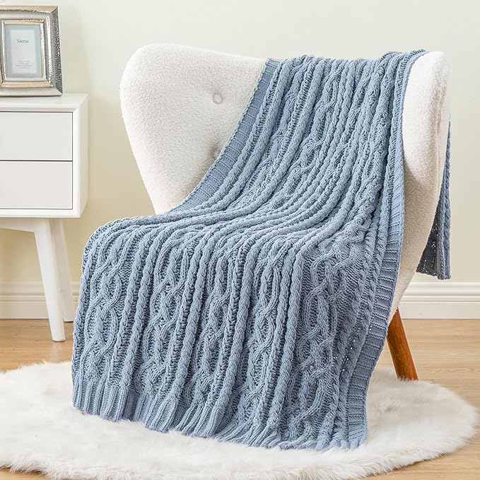 Battilo Bluish Grey Throw Blanket for Couch,51"x67", Super Soft Warm Cozy Chenille Knit Blankets for Bed, Sofa, Chair, Gift, Texture Decorative Boho Blanket for Living Room (Dusty Blue)