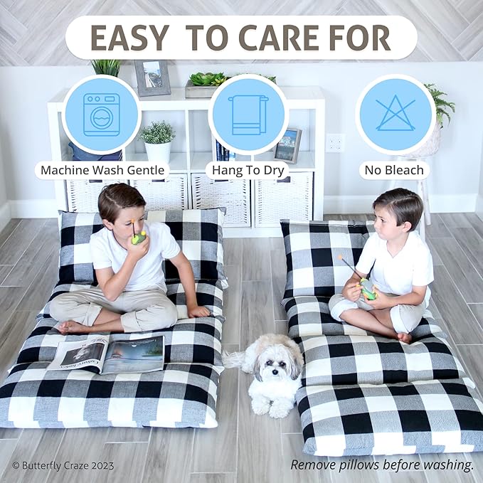 Butterfly Craze Floor Pillow Case, Mattress Bed Lounger Cover, Black/White, Queen Size - Cozy Seating Solution for Kids & Adults, Recliner Cushion, for Reading, TV Time (Pillow Not Included)