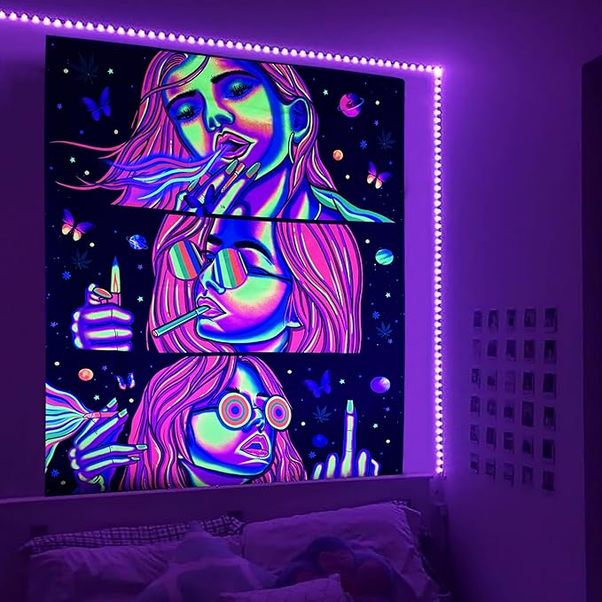 Trippy Tapestry Blacklight Tapestry for Bedroom Weed Decor Marijuana Cannabis Poster Smoking Tapestries Hippie Hippy Wall Tapestries Cool Asf Trippy Room Decor Weed Accessories Gifts 59"x 51"