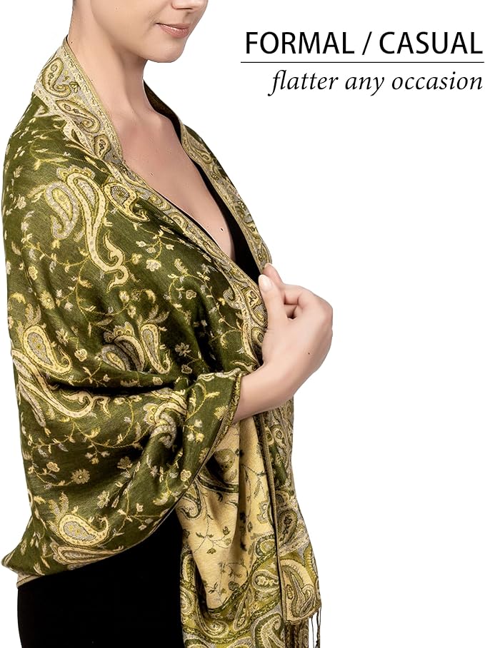Achillea Reversible Paisley Pashmina Rave Scarf – Exotic Indian Shawls and Wraps for Evening Dresses, Festivals, All Seasons